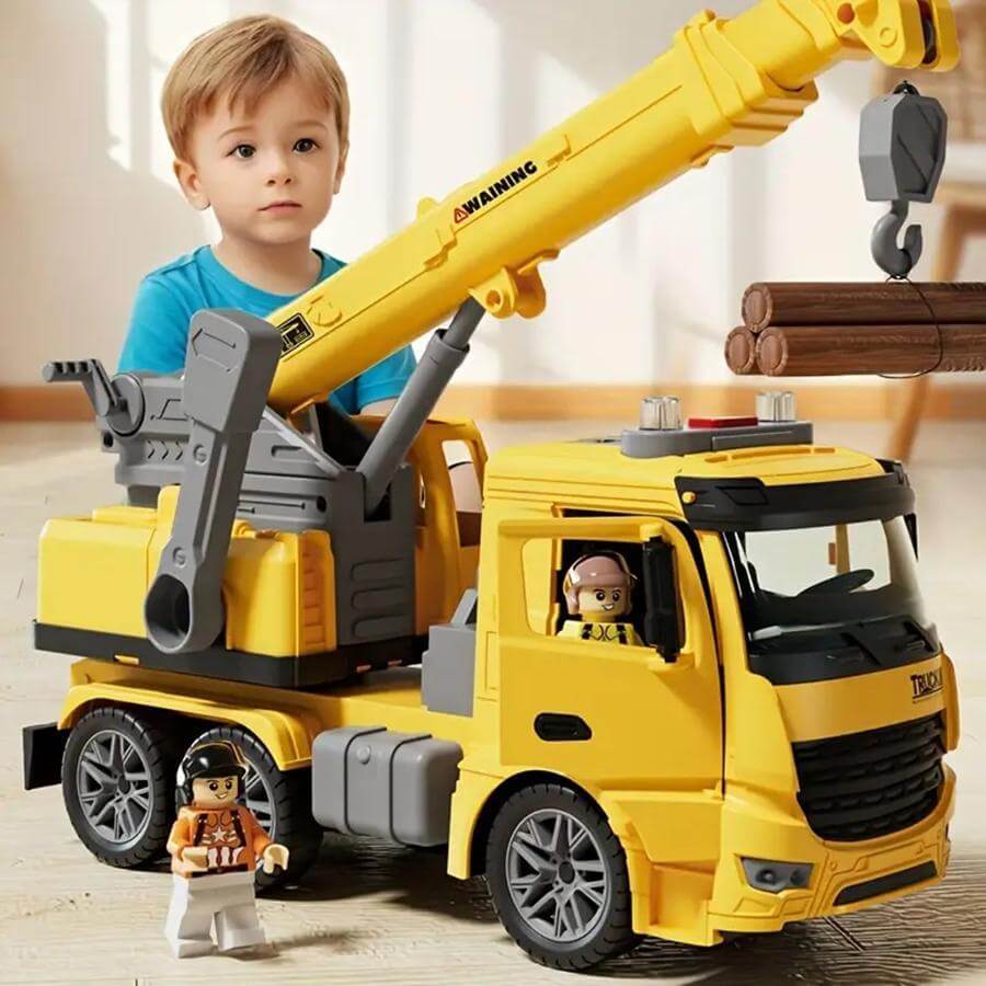 A child playing with a yellow toy crane truck and construction figures, showcasing kids and babies essentials.
