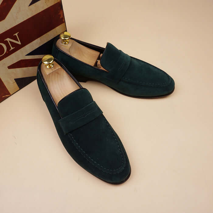 premium men's leather shoes in green suede, perfect for stylish everyday and formal wear.
