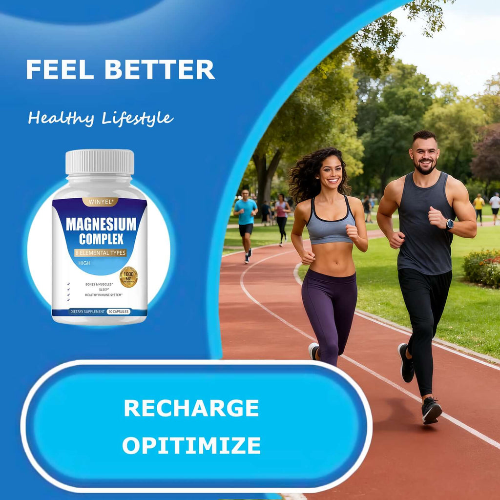 Magnesium supplement bottle with adults jogging, daily magnesium supplement for sleep support and wellbeing.