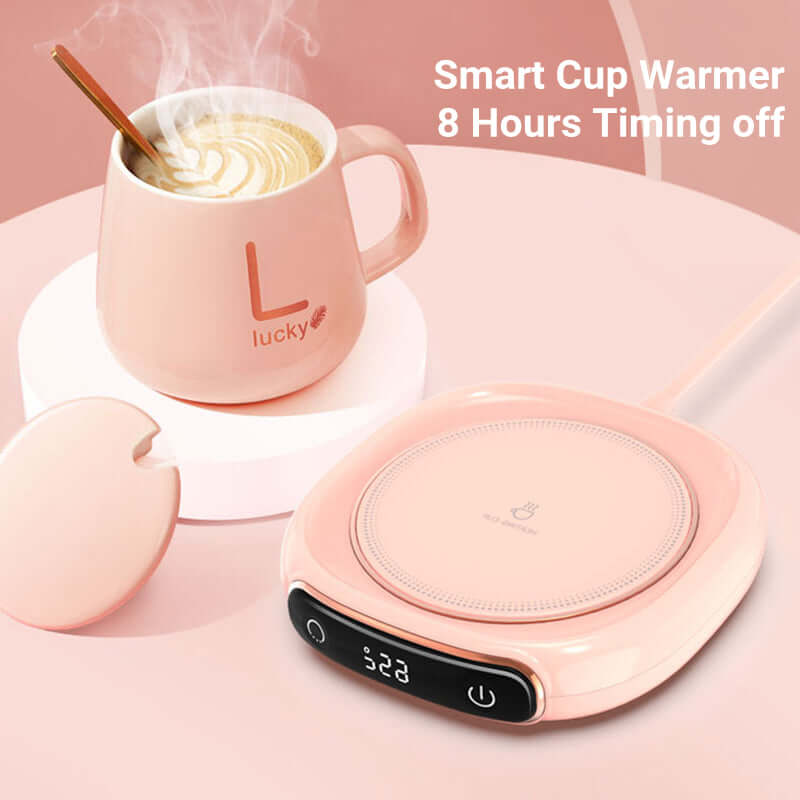 USB mug warmer coaster in pink, heating coffee in mug, features 8 hours timing off.