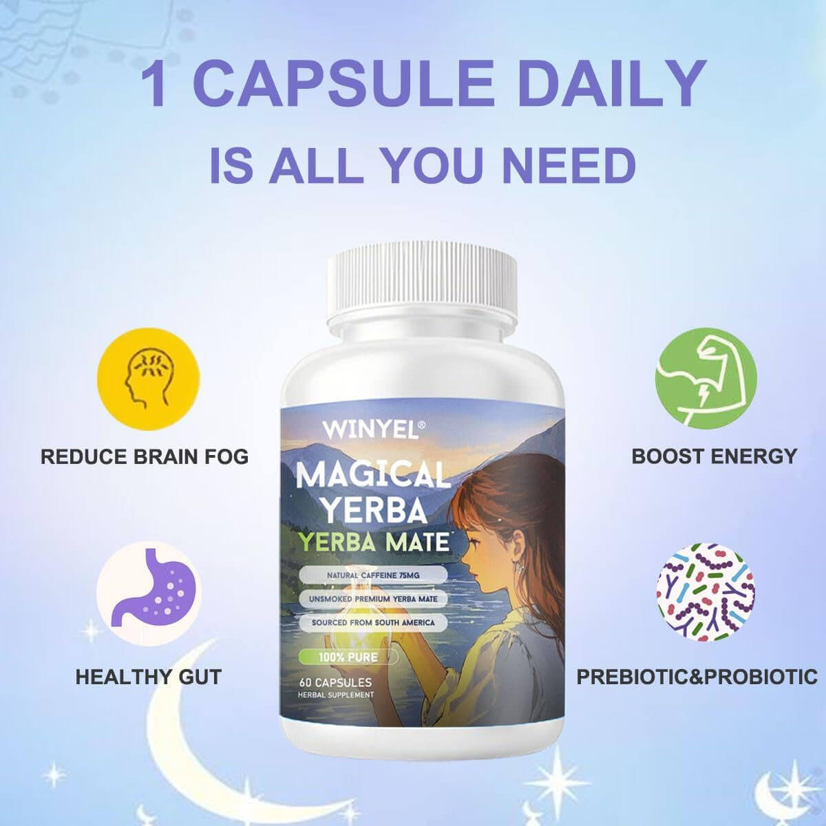 Natural caffeine energy capsules for improved focus and energy, featuring unsmoked Yerba Mate extract.