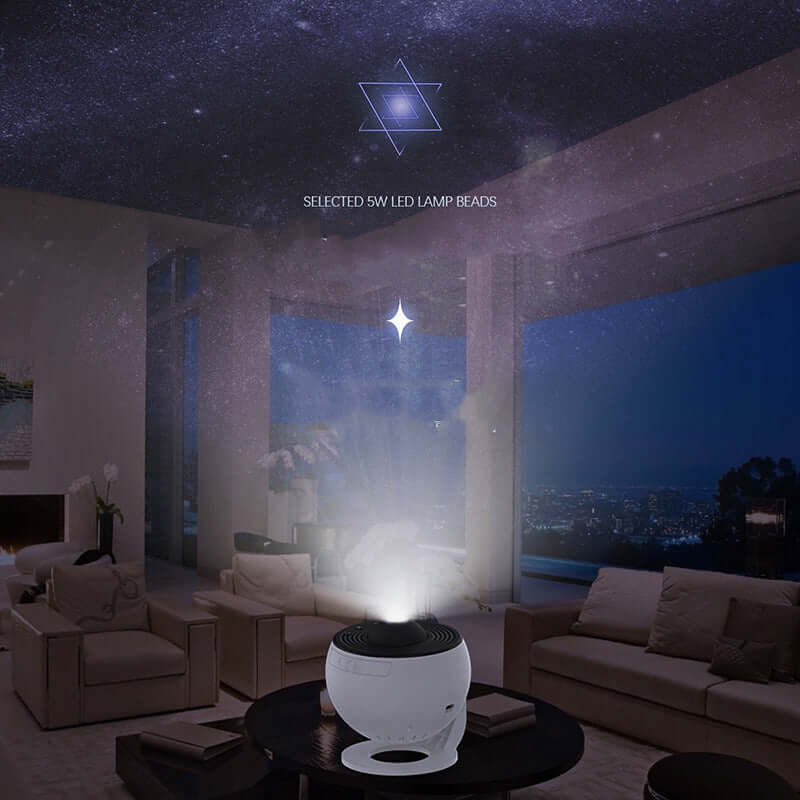Galaxy projector night light illuminating a room with stunning star and nebula projections, creating a relaxing atmosphere.