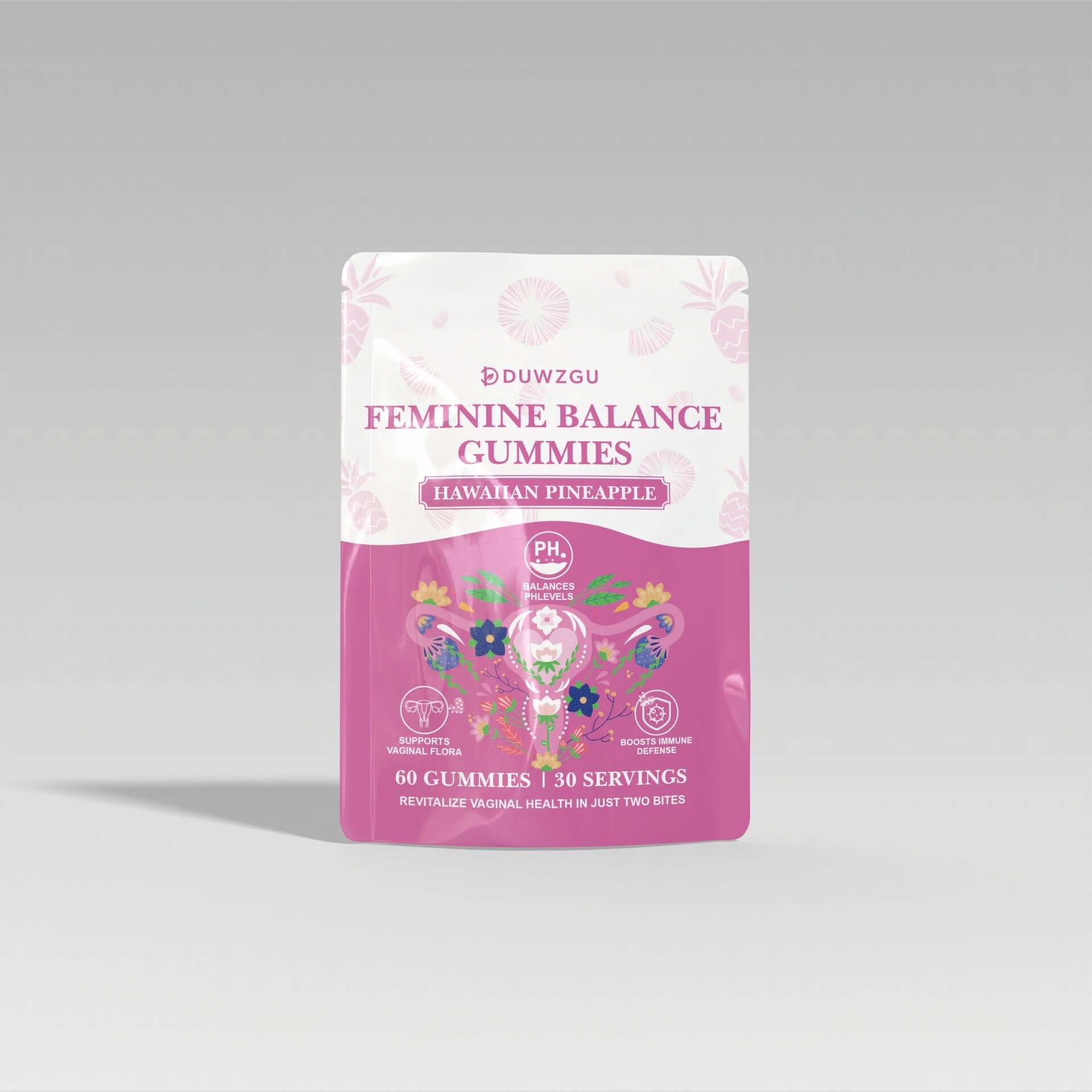 Female Balance Jelly, a women's hormonal balance supplement. Supports pH, flora & immunity in a pineapple pouch.