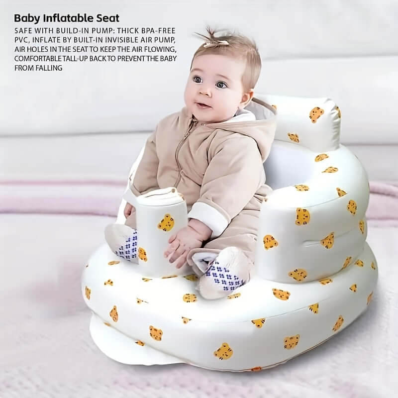 Baby using the Ultimate Learning Chair For Babies, a safe inflatable seat with secure back support.