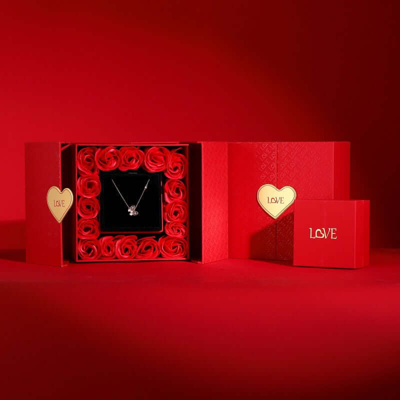 Valentine's Day romantic luxury gift box with red roses and necklace, perfect for expressing love.
