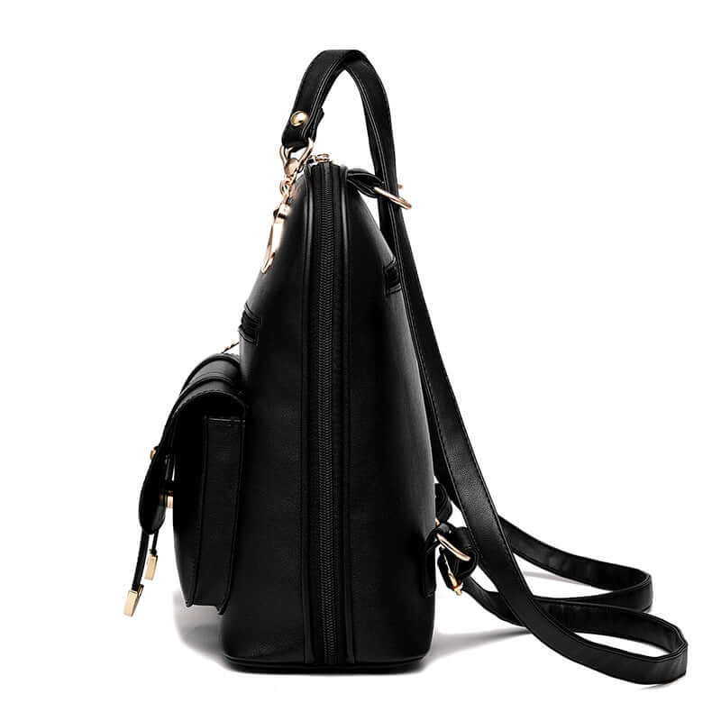 Side view of a black fashion backpack unisex with spacious compartments and stylish design.