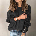 Long sleeve round neck t-shirt in dark gray with button details and relaxed fit style.