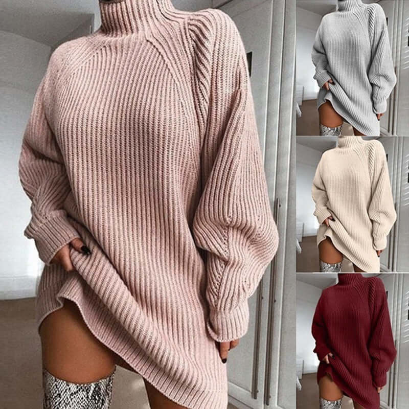 Turtleneck sweater dress in various colors showcasing a cozy knit midi silhouette for women.