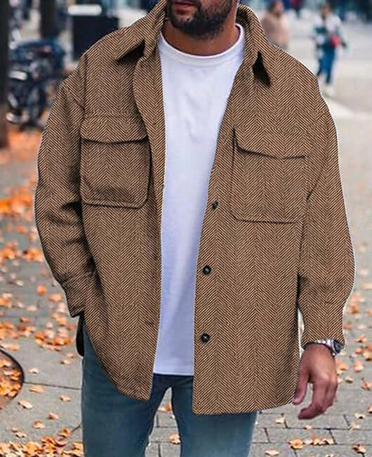 Men's polo collar work coat in herringbone pattern, perfect for casual wear and work, featuring long sleeves and pockets.