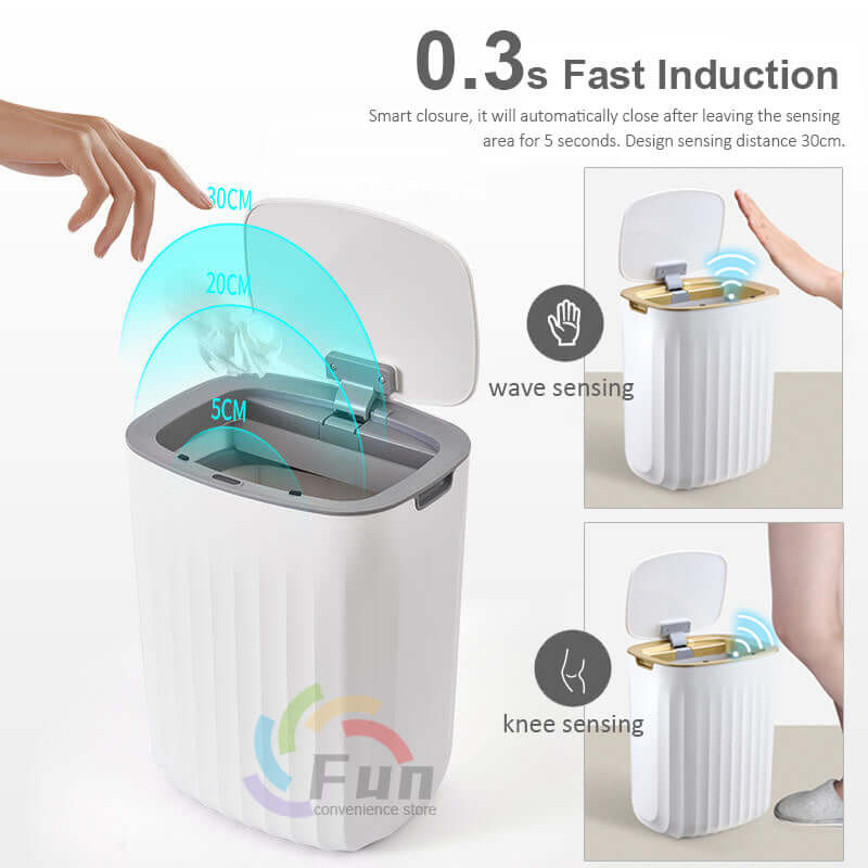 Smart motion sensor trash bin with fast induction and touchless operation, showcasing wave and knee sensing technology.