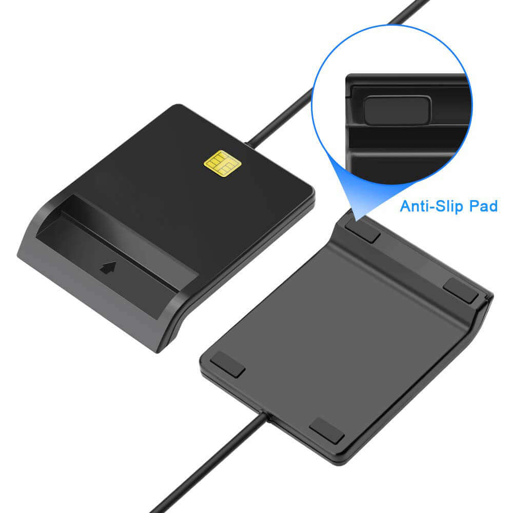 USB multi-format card reader with anti-slip pad for secure placement on surfaces.