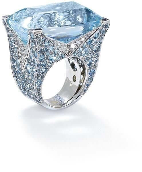 Blue square ring for women featuring a large blue stone and sparkling accents on a silver band.