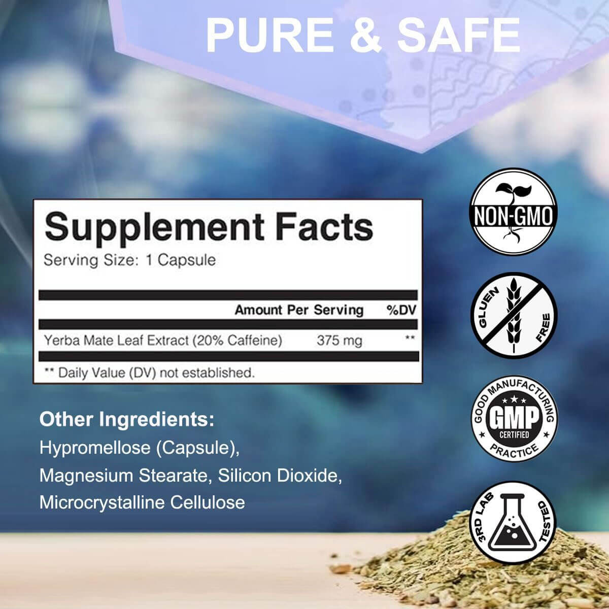 Supplement facts for Natural Caffeine Energy Capsules showing ingredients and manufacturing details.