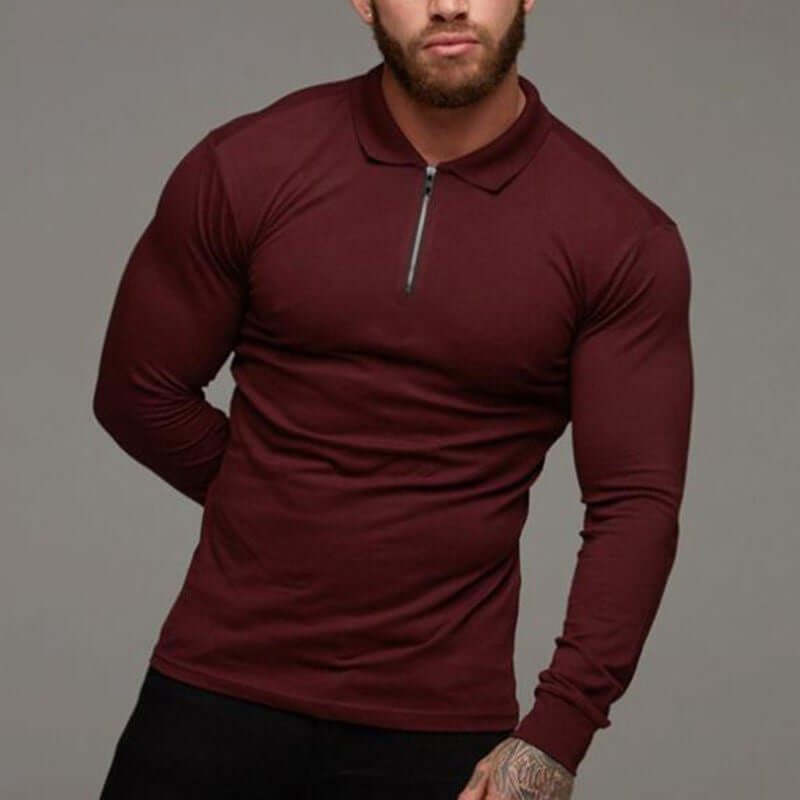 Mens longsleeve polo shirt in wine red with stylish zip detail, fitted design ideal for casual wear.