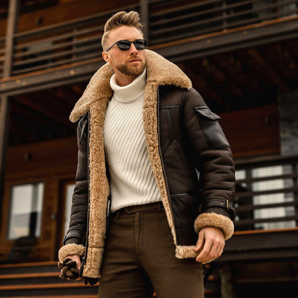 Man wearing a stylish warm padded winter jacket, showcasing warm insulation in a cold, outdoor setting.