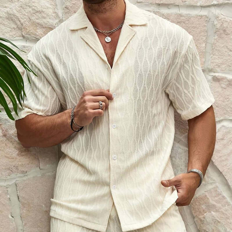 Men's summer tracksuits in milky white with short sleeves, soft and stylish design for warm weather.