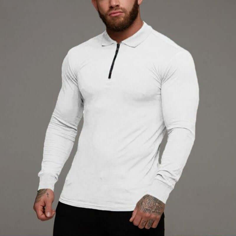 mens longsleeve polo shirt in white color with slim fit design and long sleeves, perfect for casual wear.