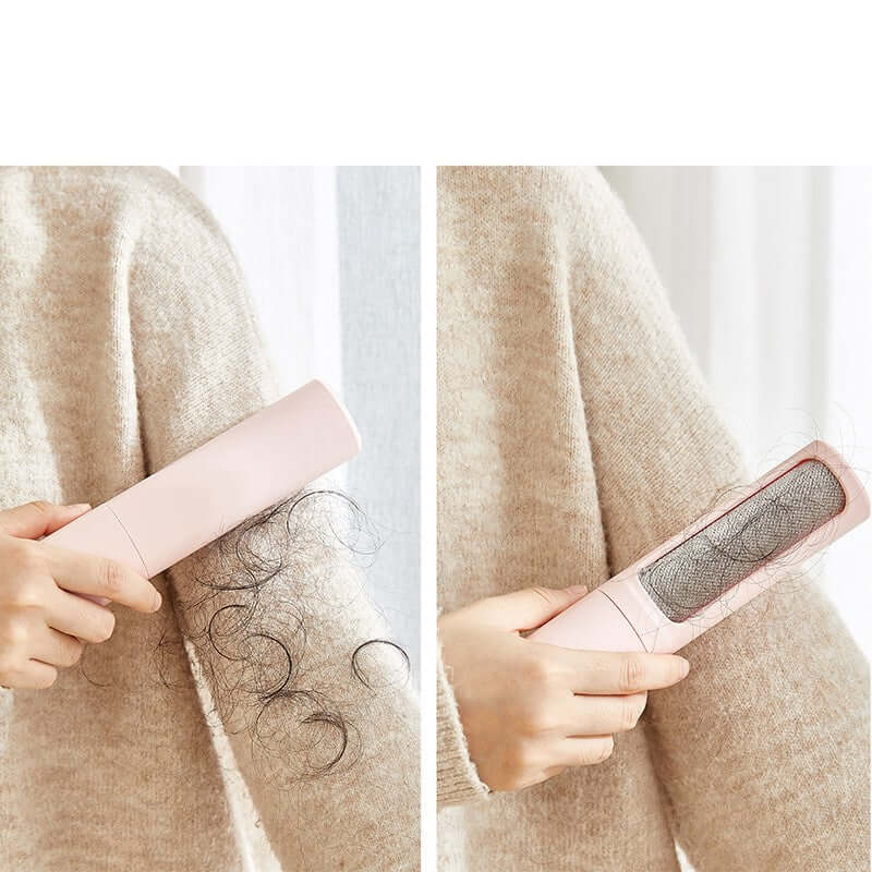 Self cleaning pet hair remover brush in use, effectively removing pet hair from sweater.
