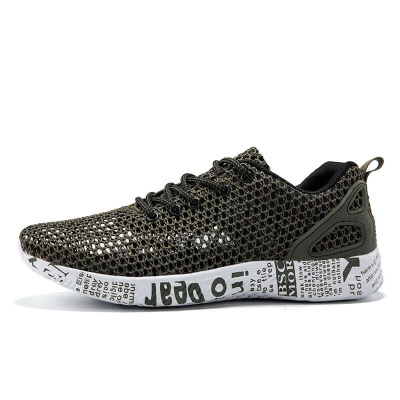 men's breathable sneakers in dark green mesh with white sole design, perfect for summer sports.