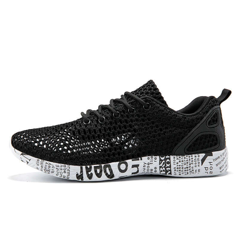 men's breathable sneakers in black mesh design with lightweight sole and stylish accents.