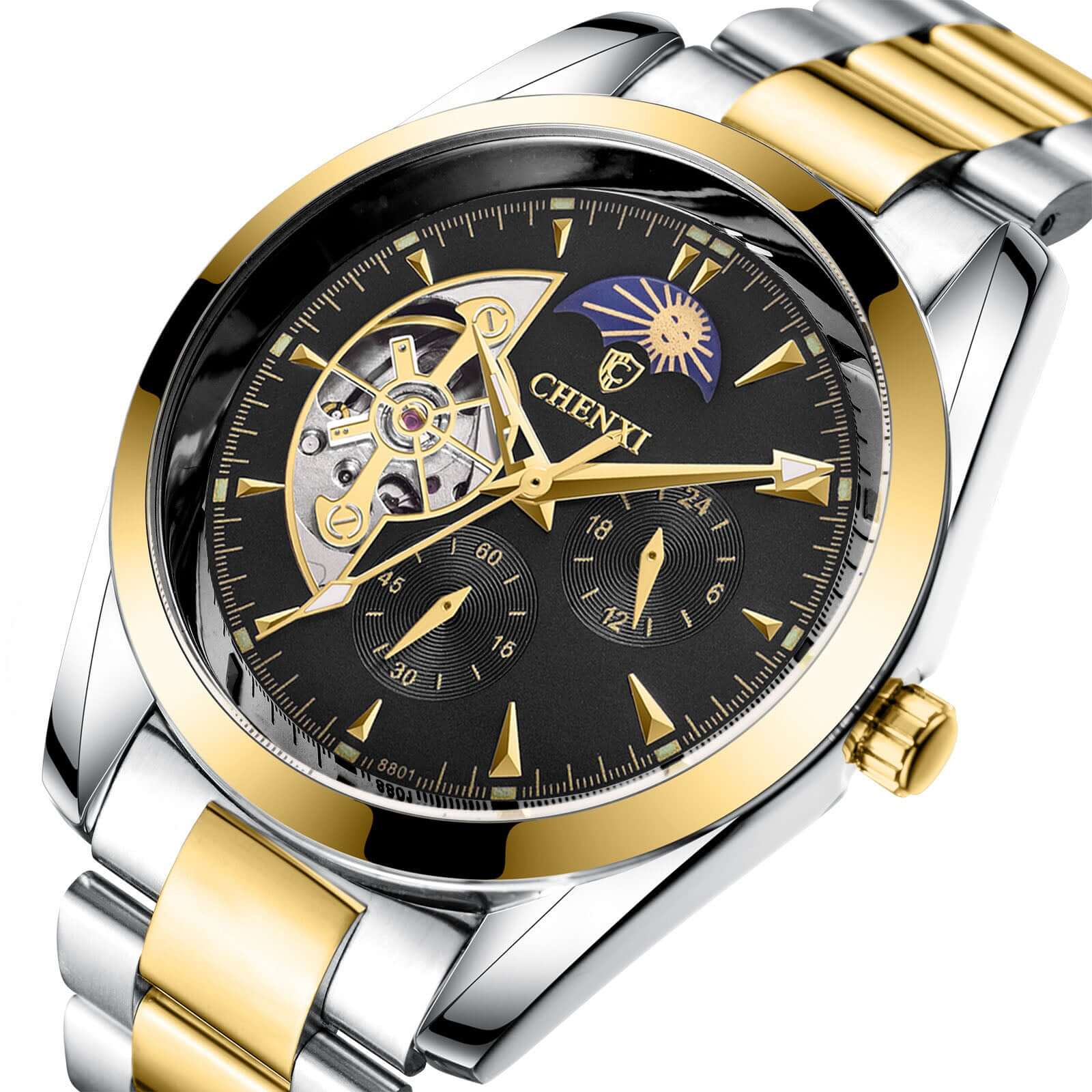 Business mechanical watches for men with elegant design and automatic movement, featuring a black dial and gold accents.