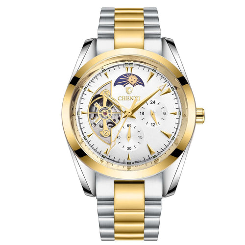 Business mechanical watches for men in gold and silver, featuring a classic automatic design and stylish details.
