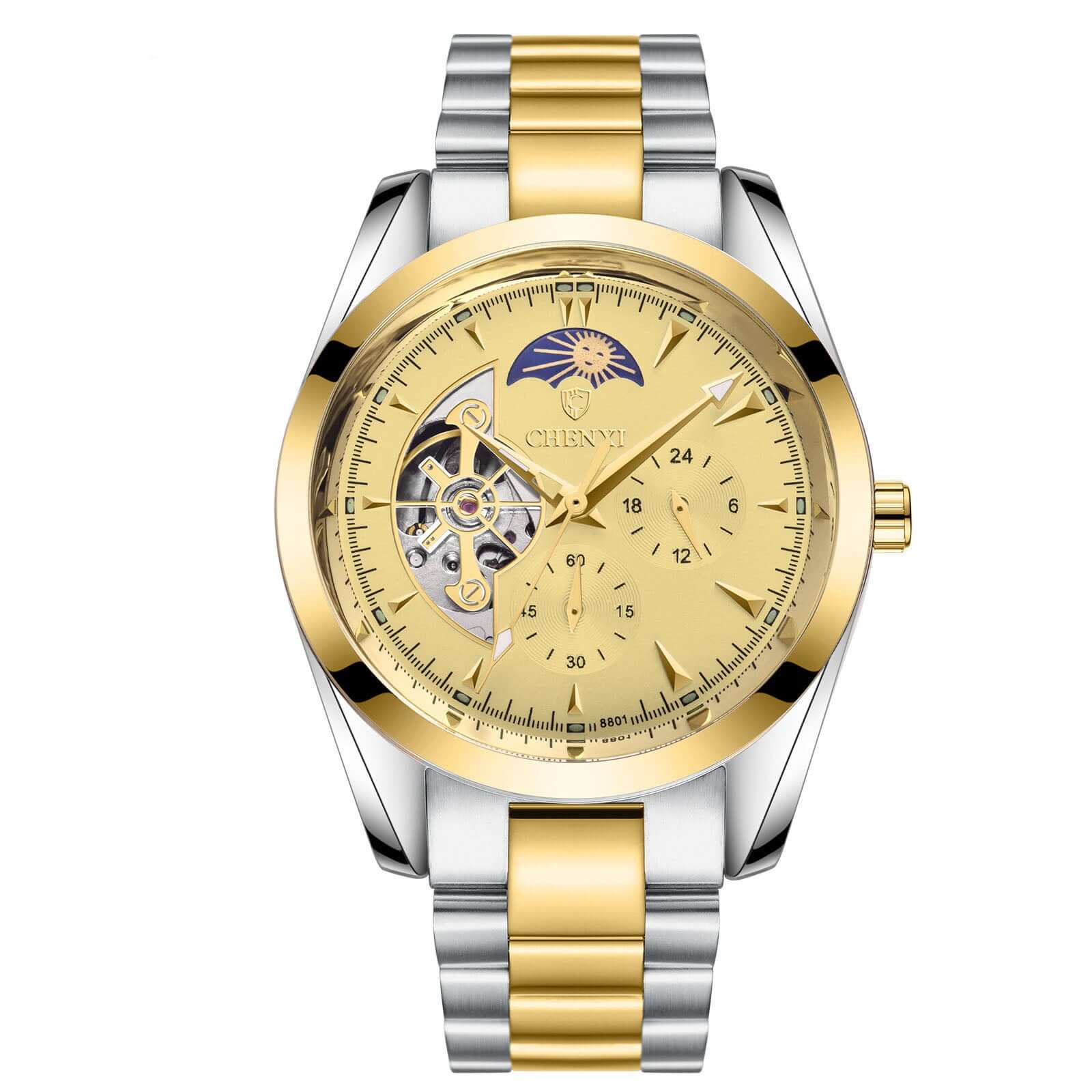 Business mechanical watches for men, featuring a classic gold and silver automatic watch design.