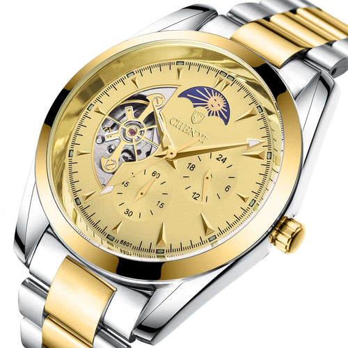 Business mechanical watches for men featuring a classic automatic design with gold and silver accents.
