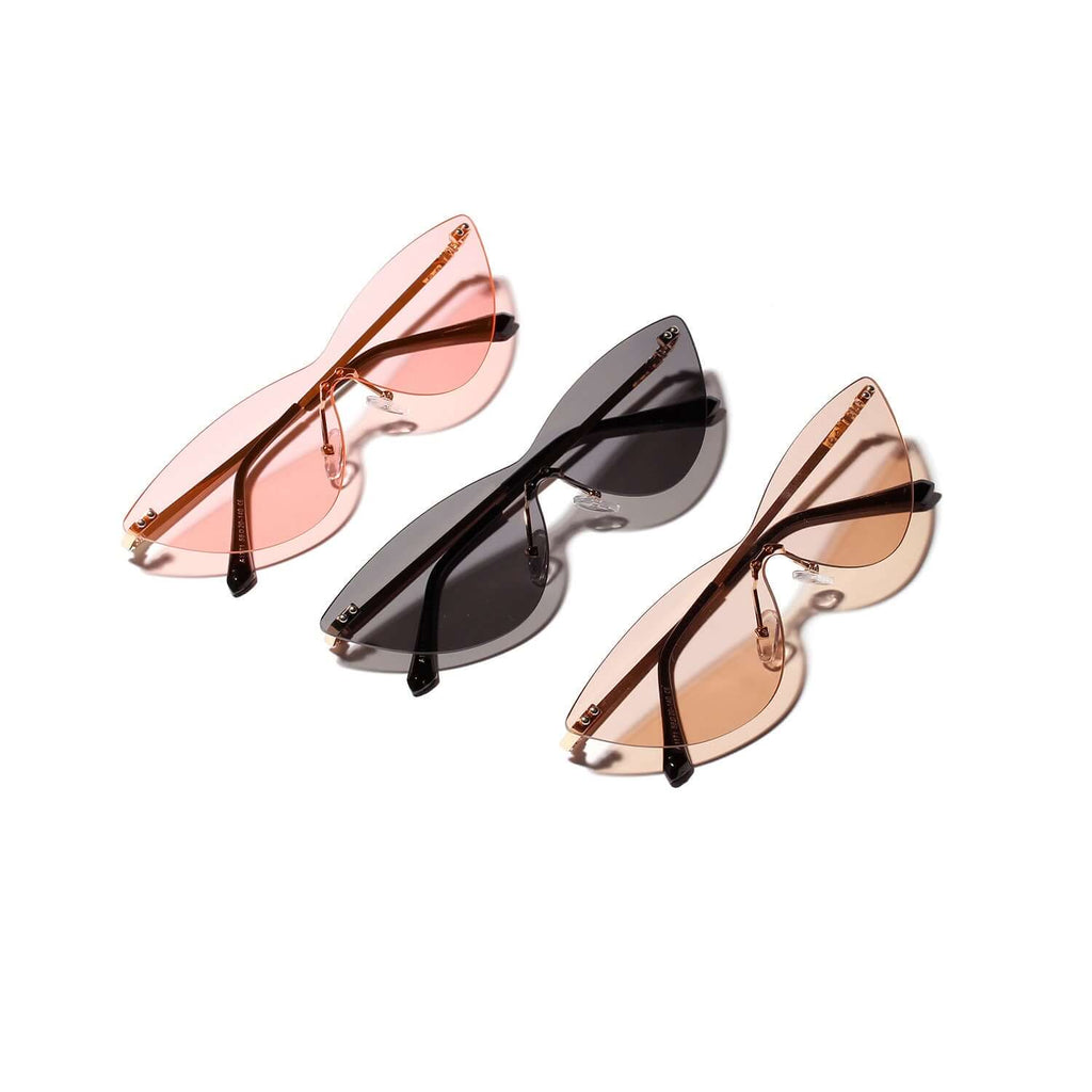 Classic UV protection sunglasses in three colors: pink, black, and brown, ideal for stylish outdoor wear.