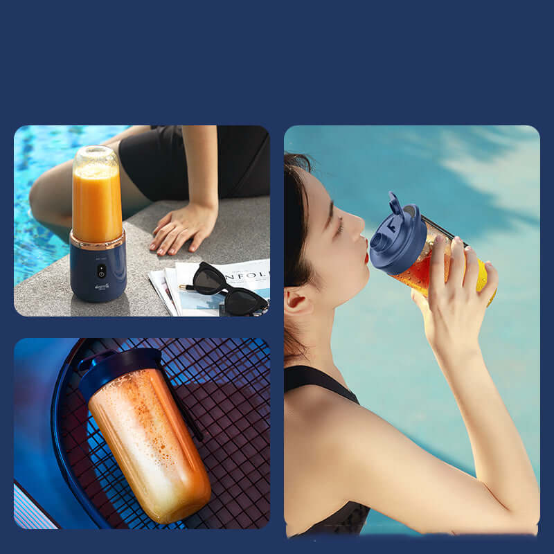 Portable USB juicer machine in use, blending juice by the pool and enjoyed on the go.
