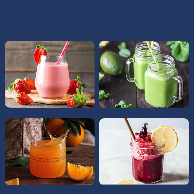 Assorted smoothies and juices made with a portable USB juicer machine, featuring strawberry, green, orange, and berry flavors.