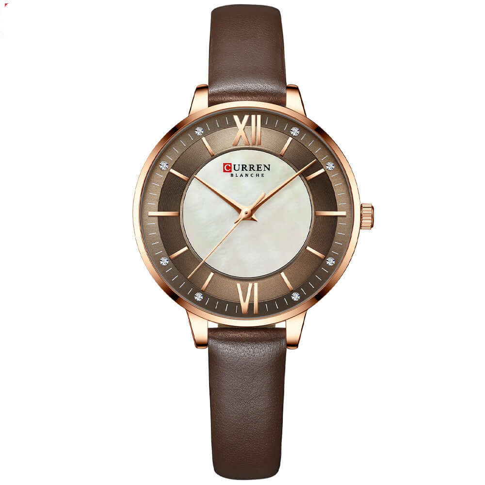 Elegant casual wristwatch with brown leather band and stylish rose gold accents.