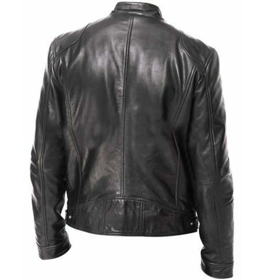 Back view of a stylish PU leather coat in black, perfect for casual and smart occasions.