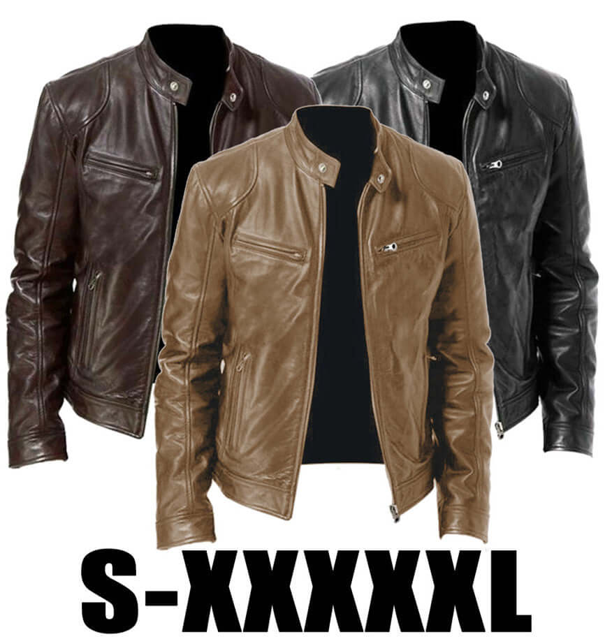 Stylish PU leather coat in brown, tan, and black, showcasing a modern fit available in sizes S-XXXXL.