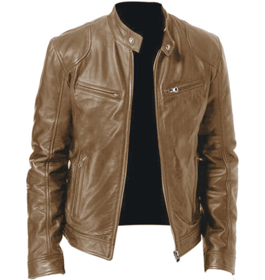 Stylish PU leather coat in a tan color, designed for all seasons, showcasing a polished and versatile look.