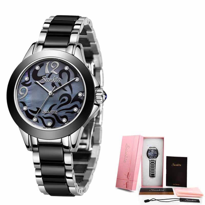 Ceramic ladies watch featuring a stylish design and elegant black ceramic strap, perfect for daily wear or special occasions.