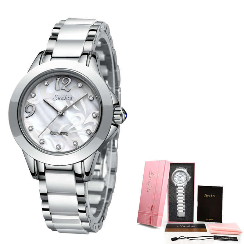 Ceramic ladies watch with a pearlized dial and silver strap, elegant women's timepiece for daily wear.