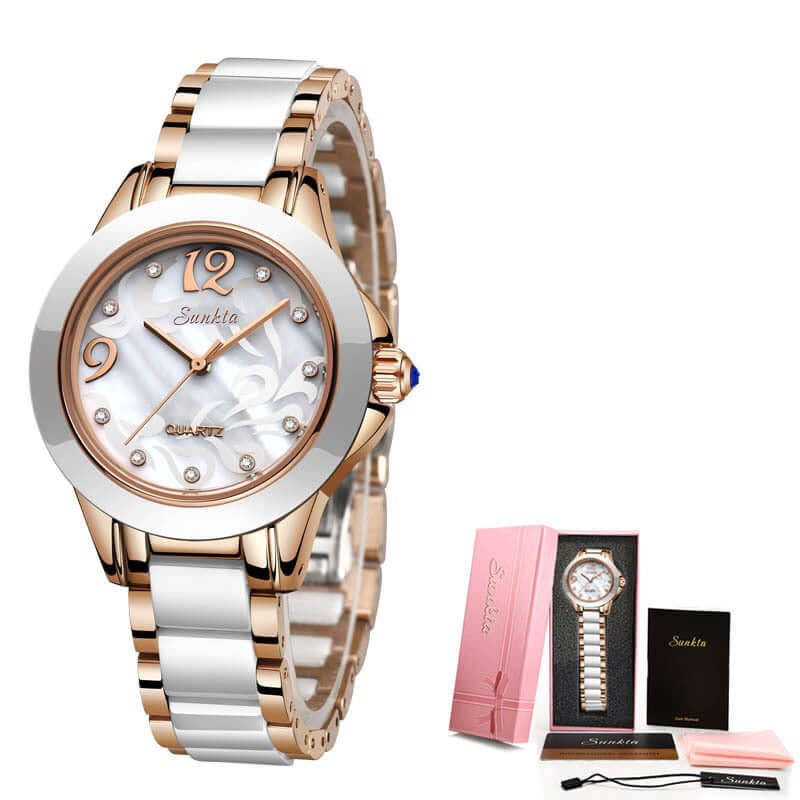 Ceramic ladies watch with a quartz movement and a luxurious design, perfect for everyday and formal occasions.