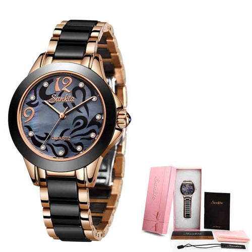 Ceramic ladies watch with elegant design, featuring a black strap and decorative dial, perfect for women.