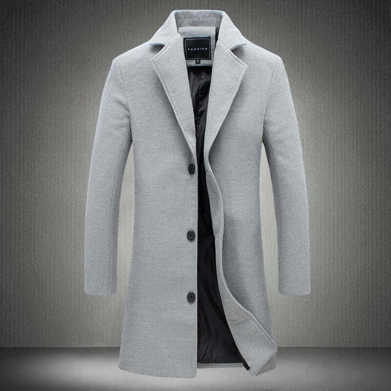 Business woolen overcoat in gray, tailored for men, designed for autumn and winter, perfect for formal occasions.