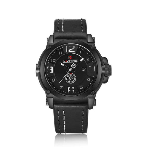 Stylish calendar men's watch featuring a black dial, date display, and leather strap for classic daily wear.