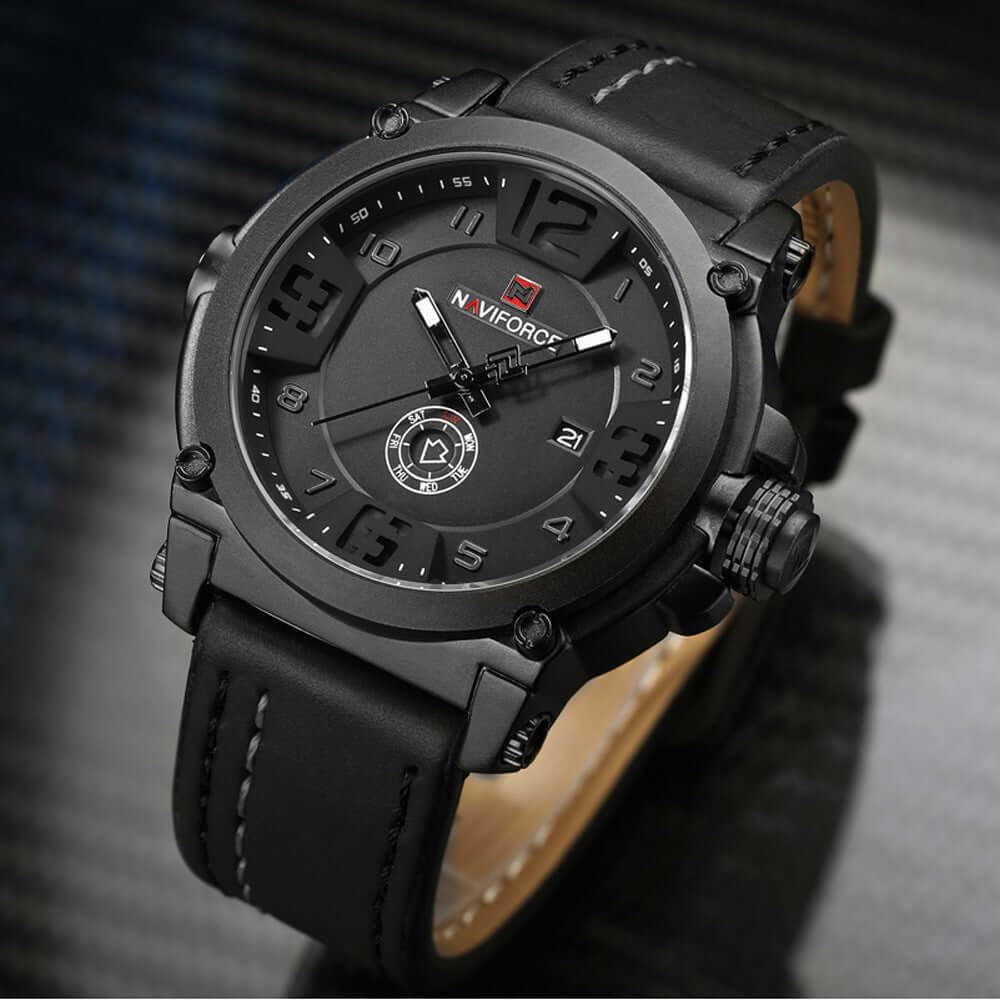 Calendar men's watch with black dial and leather strap, featuring date display for stylish timekeeping.