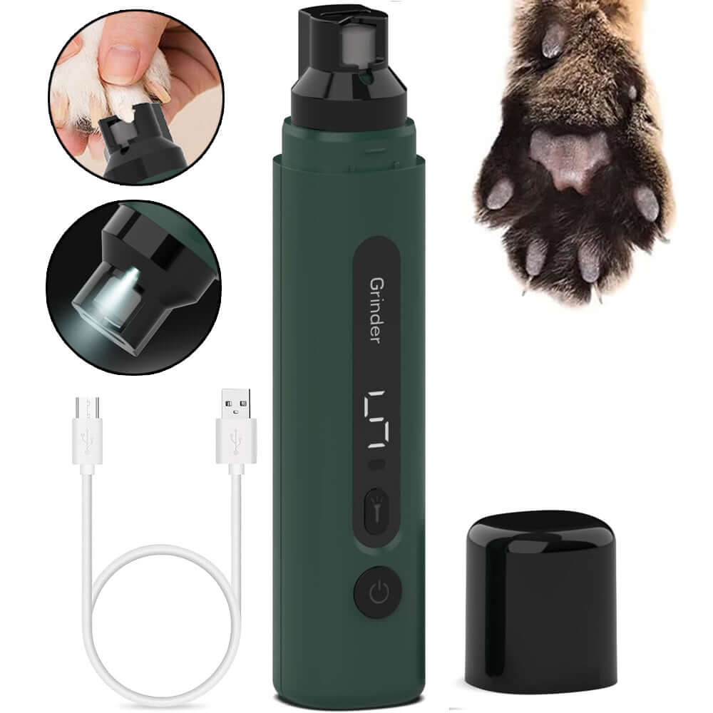 Electric dog nail grinder with low-noise motor, diamond bit, protective cap, and USB charging cable.