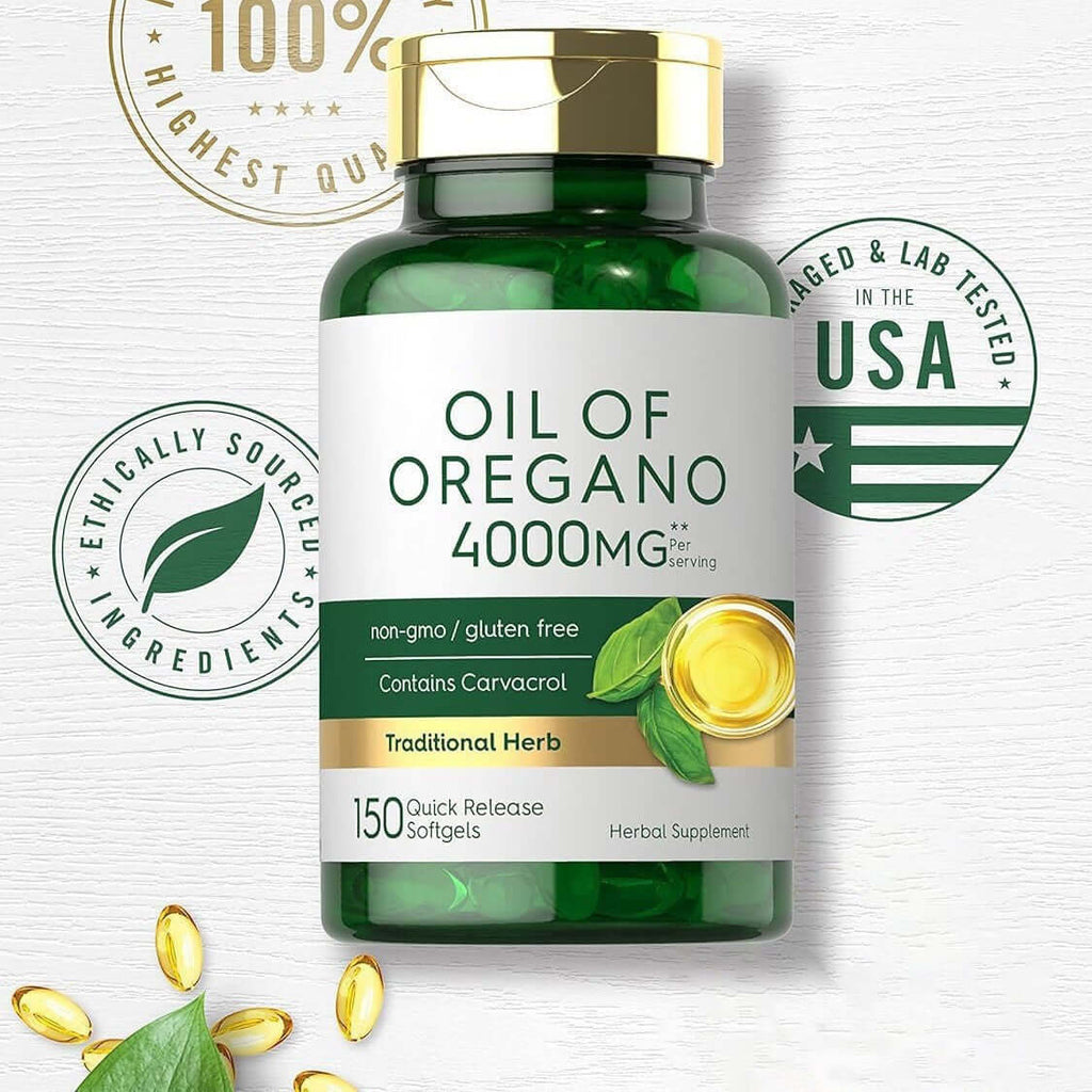 Oil of Oregano 4000mg supplement bottle showcasing oregano oil dietary supplement details.