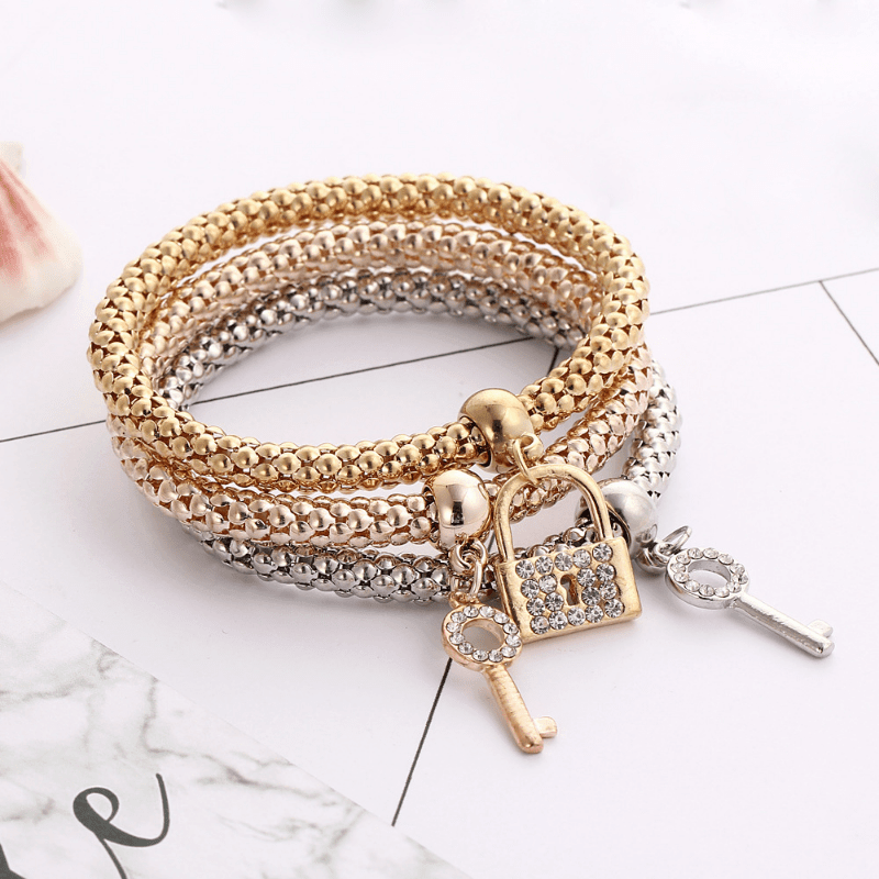 Lock & Key Bracelet Set – Rhinestone Zinc Alloy Matching Couple Jewelry - All you Need