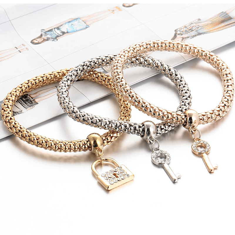 Lock & Key Bracelet Set – Rhinestone Zinc Alloy Matching Couple Jewelry - All you Need