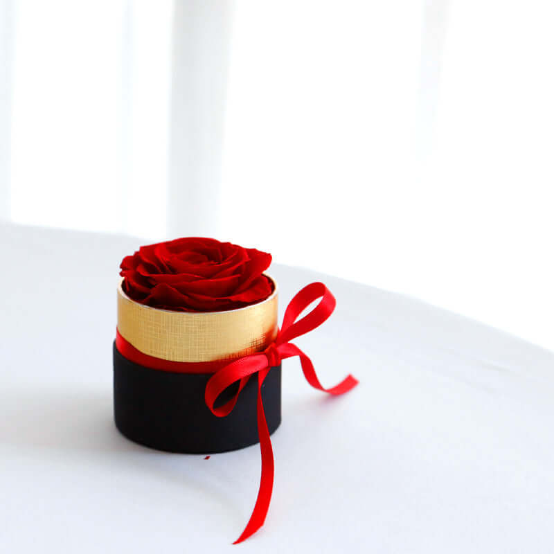 Preserved real roses gift box with a red rose in a luxury round box, tied with a red ribbon, perfect for gifting.