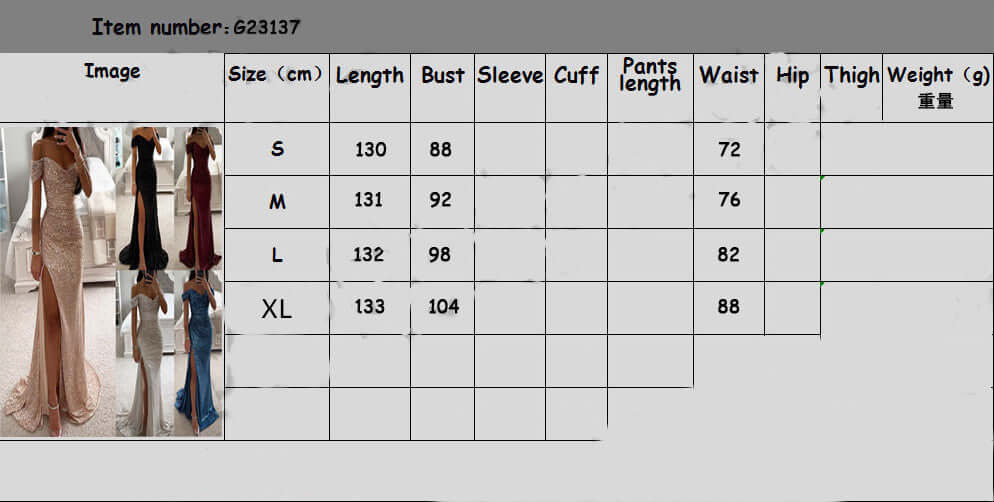 Size chart for charming slimming fashion dress, showing measurements for S, M, L, and XL sizes in various lengths and dimensions.