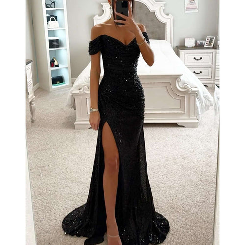 Casual Fashion Dress Charming Slimming: elegant black off-shoulder dress with slit, showcasing stylish charm and quality fabric.