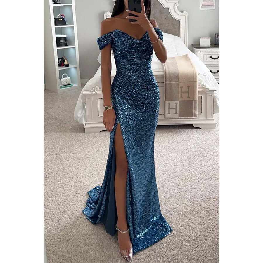 Stunning off-shoulder blue dress with sequins and high slit, perfect for elegant occasions.